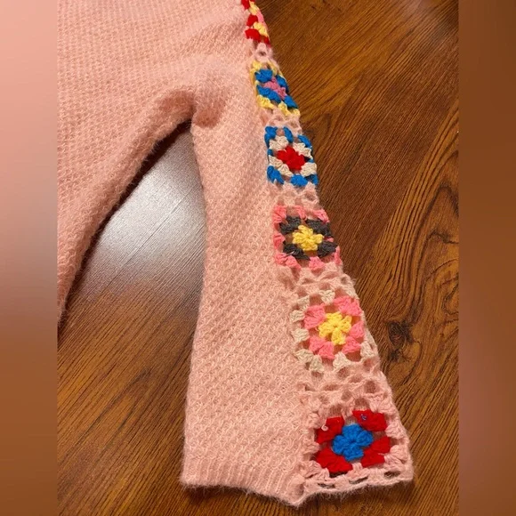 🎀🌷 Retro Style Pink Flare Bell Sleeve Crochet Floral Embroidery Sweater Dress 🌷🎀 - Picture 15 of 15